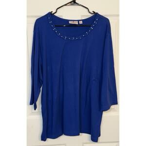 Quacker Factory Women’s Blue Rhinestone Braided Sparkle 3/4 Sleeves T-Shirt 3X